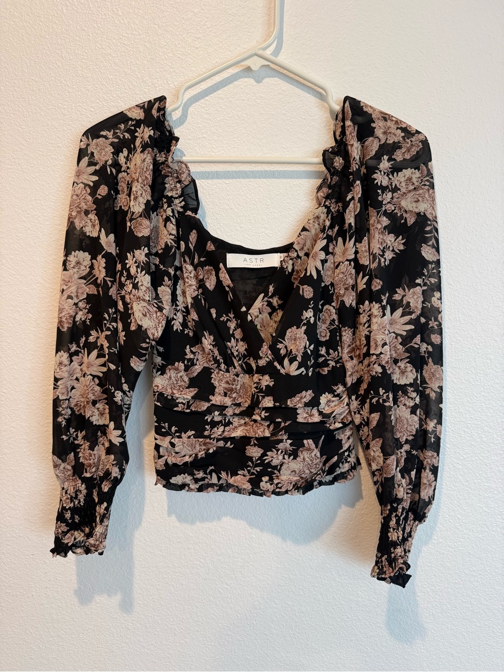 Astr Black Floral Wrap Blouse with Puff Sleeves